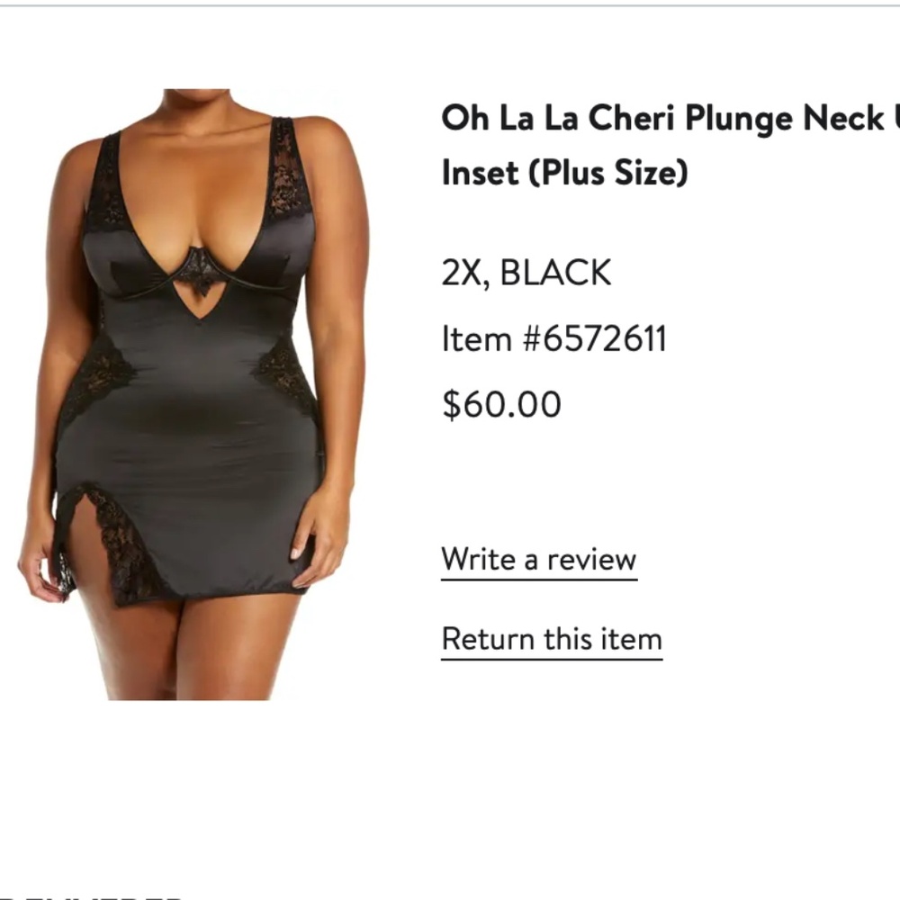 Oh La La Cheri Plunge Neck Underwire Chemise with Lace Inset (Plus Size 2x)